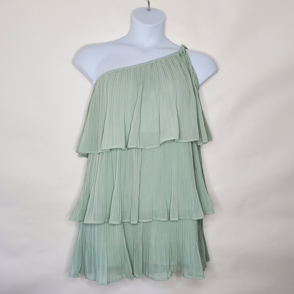 Lulus Blowing Kisses Pleated One Shoulder Mini Dress XL Tiered Sage Green NEW - Picture 10 of 12